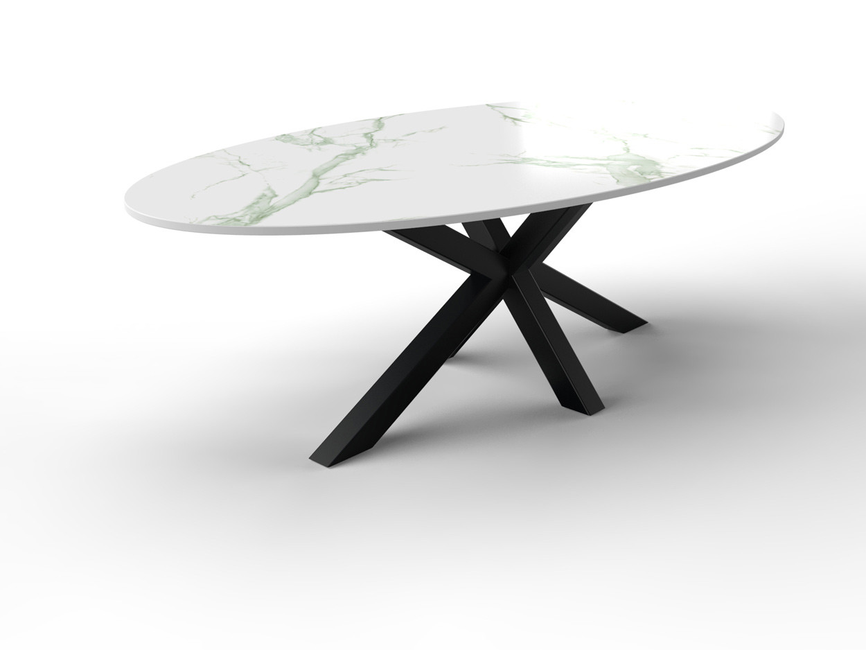 Ovale marmeren tafel gemaakt van Dekton met stalen onderstel