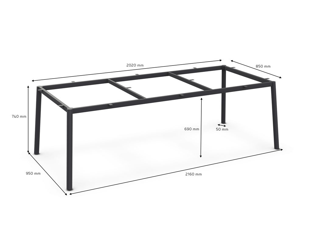 Afmetingen Tafelonderstel Durham alu charcoal 2200x1000x730mm