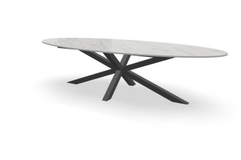 Ovale marmeren tafel gemaakt van Dekton met stalen onderstel